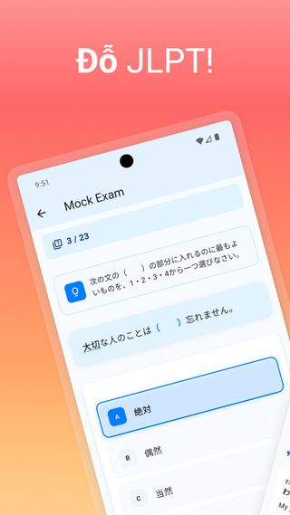 Màn hình chính ứng dụng luyện thi JLPT với chế độ học, tiến độ và thống kê
