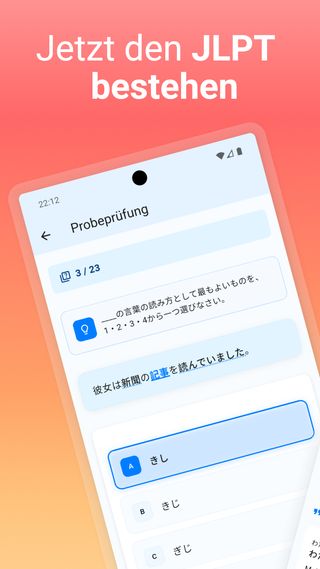 JLPT Vorbereitungs-App Hauptbildschirm mit Lernmodi, Fortschritt und Statistiken